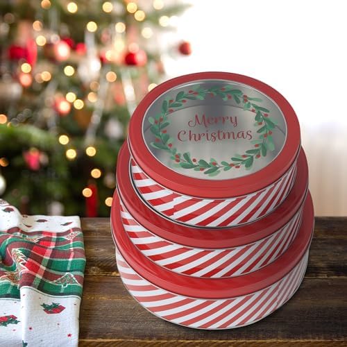 DAHO Christmas Holiday Cookie Tin Containers with Window, 3pc Nested Set, Holiday Cookie Tins with Lid for Gift Giving, Cookie, Treats, Cookies Party Favor and Gifts (Merry Christmas, Round Shape)