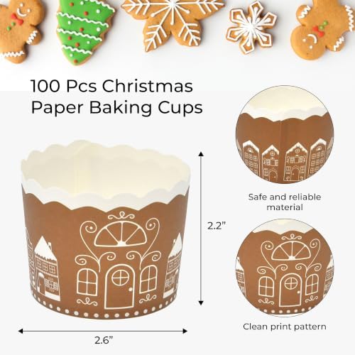 100 Pcs Christmas Paper Baking Cups Gingerbread House Design Disposable