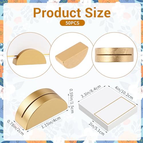 50 PCS Gold Table Number Holders, Wooden Place Card Holders with 50 PCS Cards Semicircular Table Number Stands for Restaurant, Wedding, Birthday Party Plates, Menus and Photos