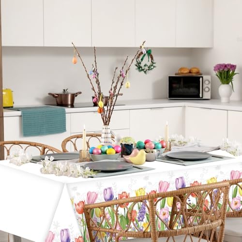 Gistome 3-Piece 54 x 108 Inch Spring Floral Plastic Tablecloth – Colorful Wildflower and Tulip Border Disposable Table Covers for Garden Parties, Baby Showers, Picnics, and Spring Celebrations