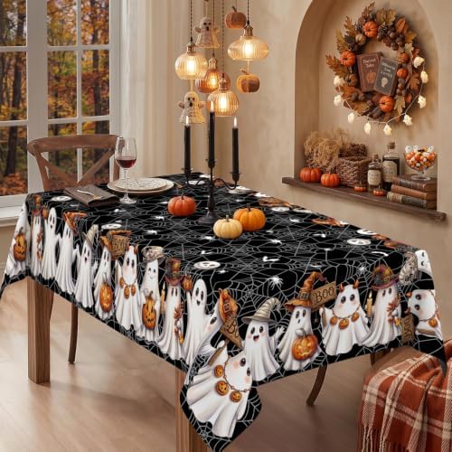 Halloween Tablecloth Rectangle 60 x 84 Inch, Washable Fabric Spiderweb Black Halloween Tablecloth Rectangular Spider Web Ghost Table Cloth Rectangle Table Cover for Kitchen Dining Party