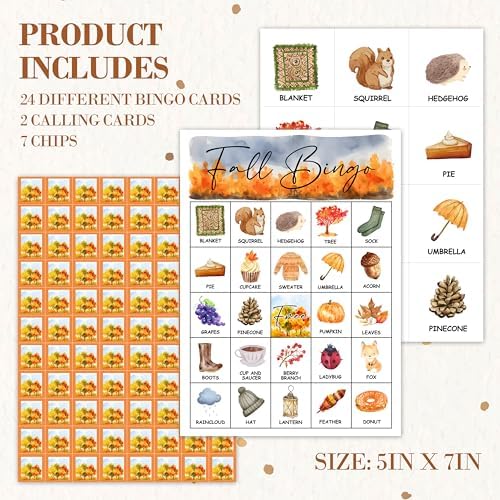 Fall Bingo Game, Thanksgiving Bingo Cards Set, Autumn Birthday Party Supplies for Adults, Family Friends Activities Favors Decorations for 24 Players, 01