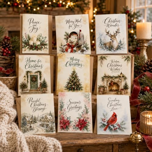 Christmas Cards with Envelopes, 18 Folded 5x7 Watercolor Holiday Cards Bulk