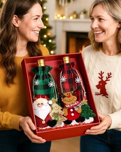Swooflia Christmas Wine Gift Bags - 4 Pcs Classic Checkered Wine Bottle Bag with 3D Dolls Reusable Xmas Bottle Cloth Wrapping Sleeves with Drawstring Cute Holiday Party Decoration