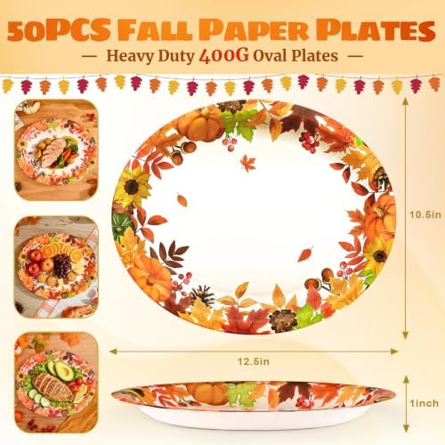 Homlouue 50 PCS Fall Paper Plates, Thanksgiving Oval Paper Plates Disposable, 10.5" x 12.5" Maple Leaf Autumn Dinner Plate, Disposable Fall Party Supplies Thanksgiving Autumn Harvest Table Decor