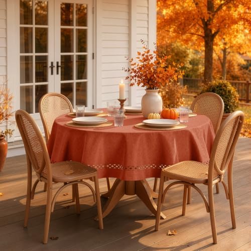 MIULEE Burnt Orange Fall 60 Inch Round Linen Tablecloth with Cutouts
