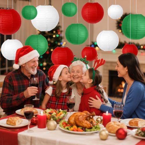14 Pcs Red Green White Paper Lanterns, 6-10 Inch Hanging Party Decor Set