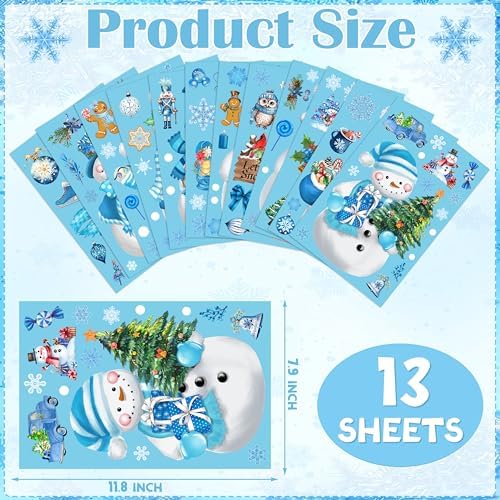 BORAMDO Christmas Window Clings 13 Sheets Snowflake Snowman Decorations
