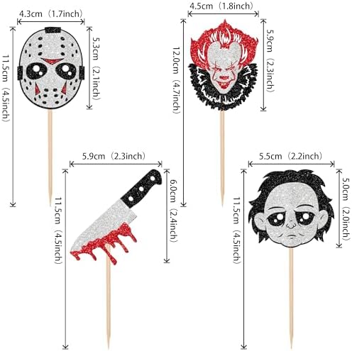 24 PCS Halloween Horror Movie Cupcake Toppers, Bloody Knife Picks, Have a Killer Birthday Cake Decorations for Classic Movie Characters Theme Party Supplies