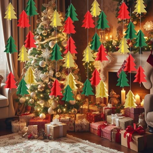 BEISHIDA Red Green Gold Christmas Decorations, 2 Pcs 3D Christmas Tree Paper Garland Xmas Hanging Ornaments Party Decorations for Baby Shower New Year Party Supplies