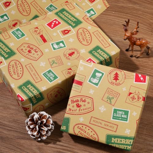 LaRibbons Kraft Christmas Wrapping Paper, Vintage Xmas Postmark Stamp