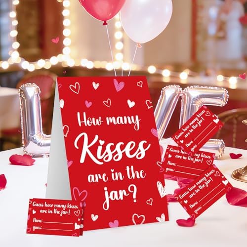 COCHIE 30 Players Valentines Game for Family Office Large Groups Party Adults, Valentine's Day Guess How Many Kisses are in The Jar Games Classroom Activities with Guess Cards (Kiss)