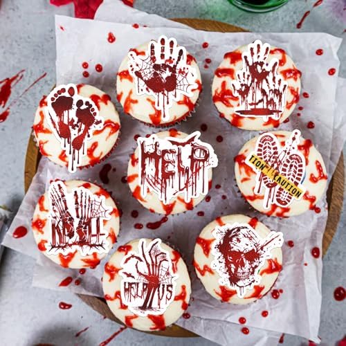 64 PCS Edible Halloween Cupcake Toppers Wafer Paper Horror Blood Skull Zombie Hand Bat Cupcake Picks Edible Have a Killer Birthday Cake Decorations for Halloween Theme Killer Birthday Party Supplies