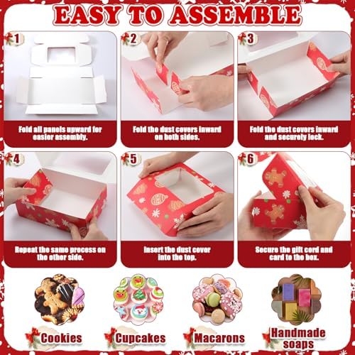 72 Set Christmas Cookie Boxes with Window 7"x4.7"x2.4" Christmas Cookie Tins Bakery Treat Box for Gift Giving Xmas Treat Container with Ribbon and Tag for Winter Xmas Party Supply (Cute)