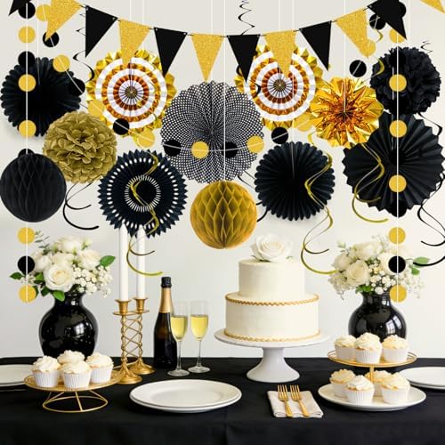 24 Pcs Black and Gold Party Decorations, Paper Fans Pom Poms Garland Decor
