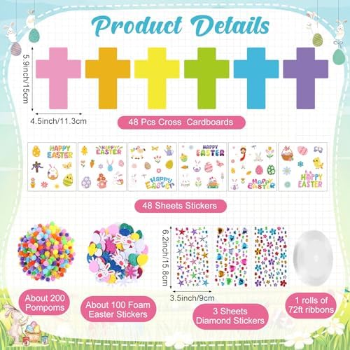 Funrous 48 Sets Crafts Kit Paper Crafts DIY Make Your Own Hanging Ornaments with Pompoms Diamond Stickers for Holiday Classroom Activities Party Favors, Easter Cross