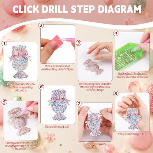 Tondiamo 20 Pcs Christmas Macaron Candy Diamond Painting Keychain Kits 5d DIY Diamond Art Pendants Double Sided Hanging Key Chains for Christmas Party Decoration DIY