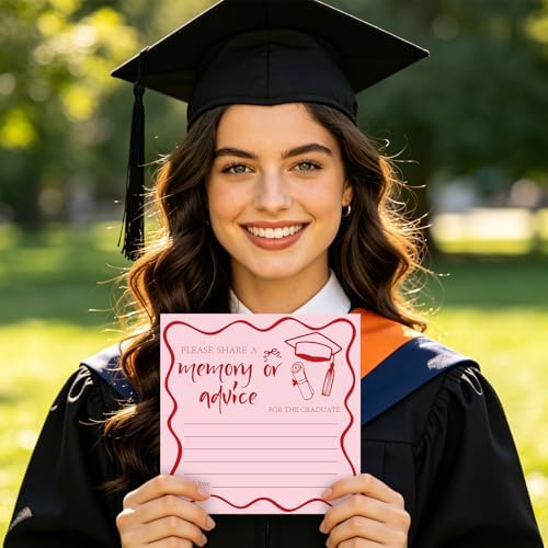 JarThenaAMCS 50Pcs Pink Graduation Memory or Advice Cards Single Sided Congrats Grad Message Card with Cap & Diploma Design for Girls High School College Kindergarten Graduation Party Favor Supplies