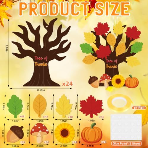 Tree of Thanks Craft Kit 24 Pack Thankful Tree Craft Kits Thanksgiving Hanging Ornament for Kids with Fall Leaves to Write on Classroom Autumn Thankful Art Project Thanksgiving Party Home Decoration