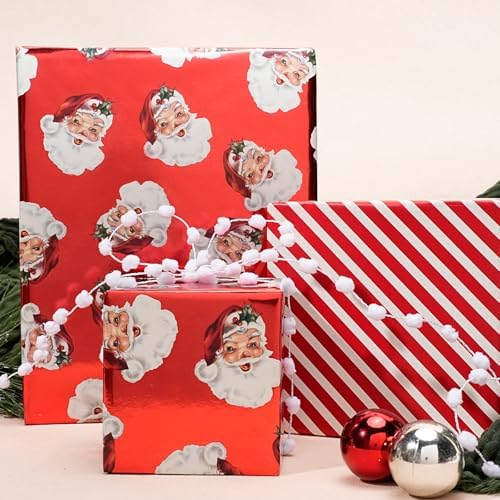 LaRibbons Vintage Santa Foil Christmas Wrapping Paper Jumbo with Red Stripe