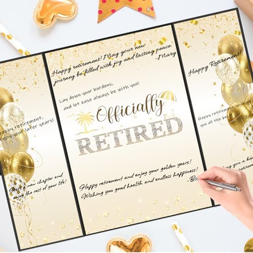 Retirement Party Decorations, Large Retird Card Signing Farewell Party Decorations Happy Retirement Guest Book Creative retirement Card for Men Women (Black Gold)