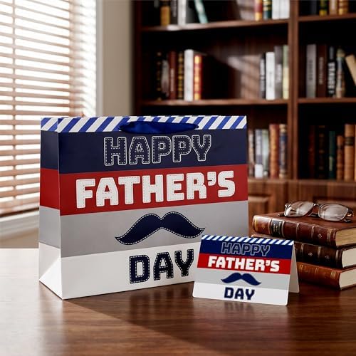 Xustanina 13" Large Fathers Day Gift Bag Blue & Red Handheld Gift Bag with Greeting Card Tissue Paper and Stickers Best Dad Birthday Party Supplies