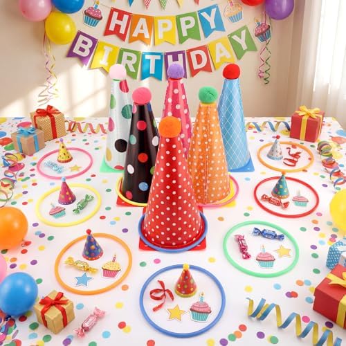 Seenelling 24 Pcs Plastic Ring Toss Game, Birthday Party Game 6 Birthday Hat Cones and 18 Colorful Rings Outdoor Sport Toss Toys Backyard Lawn Cone and Ring for Family Party Activities