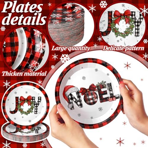 Fourluoo 96 Pcs Red Buffalo Plaid Christmas Paper Plates Disposable Dinner Plates for Xmas Birthday Party Table Decor