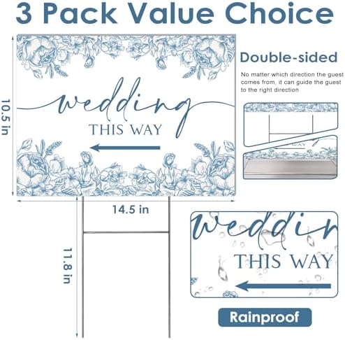 3 Pack 14.5” x 10.5” Wedding This Way Signs Double Sided Printed Wedding Direction Sign with Stakes for Ceremony Reception Lawn Yard Direction Arrow Signs Exquisite Plastic Rainproof Party Supplies,Blue Floral