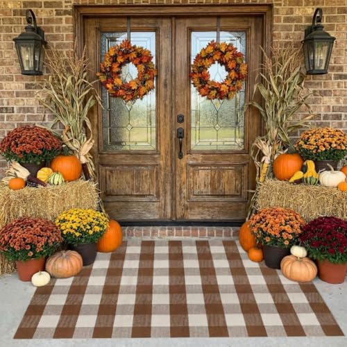 SEEKSEE Fall Decor Buffalo Plaid Rug 4' x 6' Coffee and White Large Front Door Mat, Layering Area Rug, Fall Rug for Outdoor Patio Entryway Indoor Living Room Kitchen Dining Room Decor
