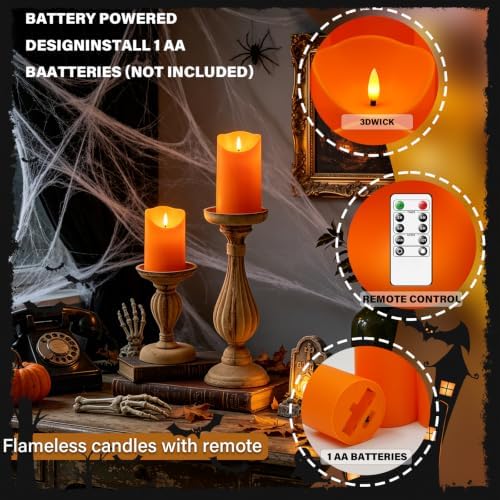 Nimiko Flameless Candles with Remote, Battery Operated Flickering Flameless Candles, LED Candles with Timer 2/4/6/8H, with Realistic LED Candles Set of 9 (D3 x H 3" 4" 5" 6" 7") (Orange)