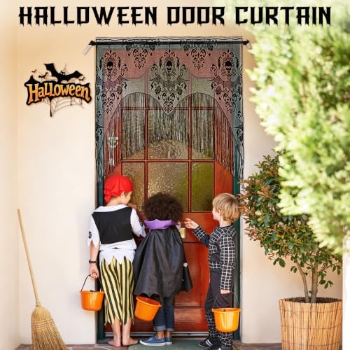 ZeeDix 2 Pcs Halloween Lace Curtains Black Skull Tassel Window Door Curtain