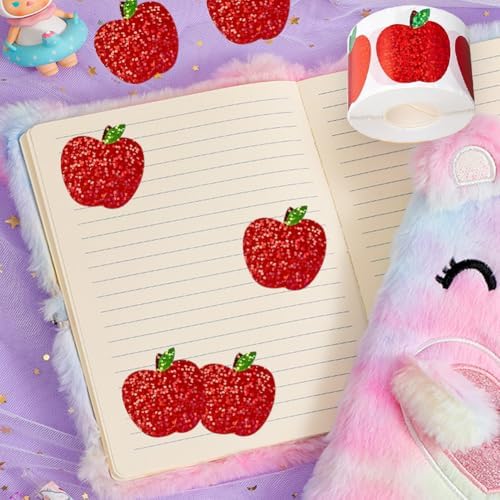 500Pcs Back to School Apples Stickers Roll Red Laser Sparkly Apples Label 1in Holographic Waterproof Decals Self-Adhesive Stickers for Envelope Scrapbook Decor First Day