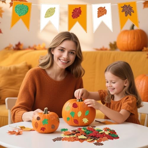 JULBEAR 300Pcs Fall Leaf Foam Stickers, Glitter Maple Leaves Decals
