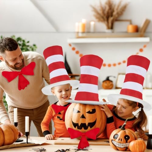 4 PCS Cat Hat Halloween Costume Accessories, Red White Striped Hat/Red Bow Tie/White Gloves for World Book Day Halloween Cosplay and Dress Up