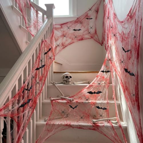 2200 Sqft Bloody Halloween Spider Web Decor with 100 Fake Spiders 24 Bats