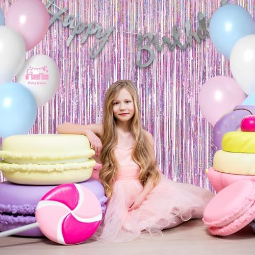 Pink Tinsel Curtain Party Backdrop - GREATRIL Foil Fringe Curtain Lilac Pink Party Streamers for Princess Theme Party Decorations - 2 Packs