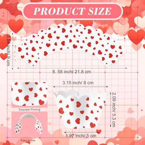 Domensi 100 Pcs Red Heart Cupcake Wrappers Rustic Cupcake Liners Red Baking Cups Baking Liners for Mother's Day Wedding Bridal Baby Shower Birthday Party Supplies Dessert Decoration