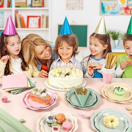 350 Pcs Sage and Pink Paper Plates and Napkins Party Supplies - Pink and Green Birthday Decoration Include Dusty Pink Sage Green Scalloped Plate Napkin Cup & Cutlery for Baby Shower, Wedding, Birthday