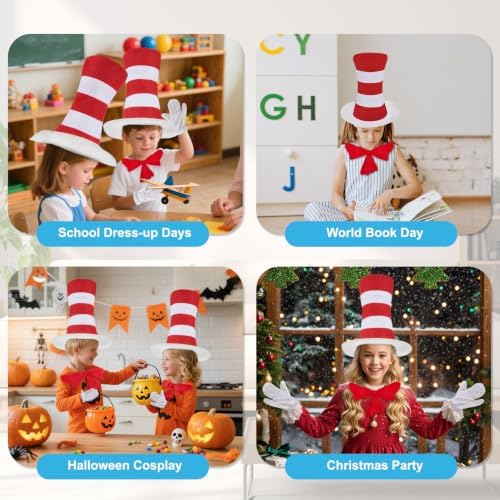 4 PCS Cat Hat Halloween Costume Accessories, Red White Striped Hat/Red Bow Tie/White Gloves for World Book Day Halloween Cosplay and Dress Up