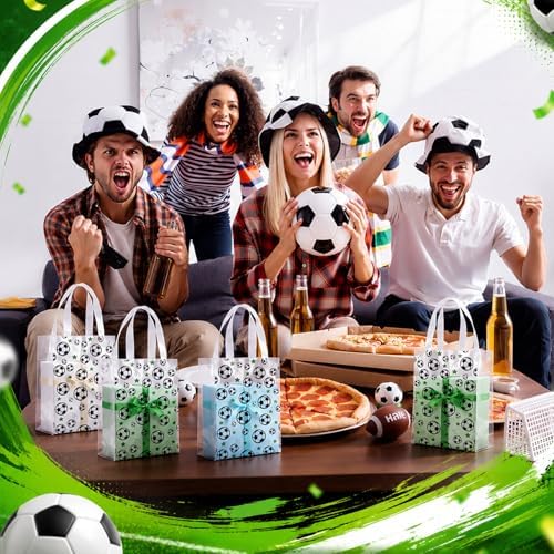 Pajean 12 Pcs Soccer Theme Plastic Gift Bags with Handles, 5.9 x 8.7 x 3.1 Inch Football PE Treat Bags, Black and White Candy Goodie Pouches for Classroom Exchange, Party Favor, Sports Event Supplies