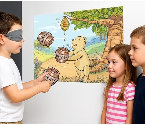 Winnie Catch Hunny for Pooh Fun Party Game for Pooh Baby Shower Birthday Decorations, Pin The Hunny Pot on Bear Poster with 20 Honey Pot Stickers and Blind Fold.