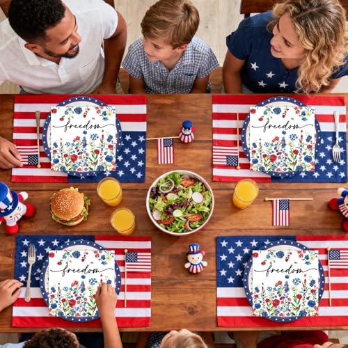 50Pcs 4th of July Flower Plates and Napkins Party Supplies, Disposable Patriotic Paper Plates Napkins Tableware Set for Memorial Independence Day Usa Party Decorations (Patriotic)