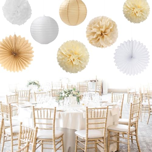 Champagne Gold White Bridal-Shower Party-Decorations - 31pcs Bride to Be Banner,Boho Neutral Bachelorette Paper Lanterns,Wedding Streamers Garland,Tissue Pom Poms Flower Fan Decor Supplies Burgleda