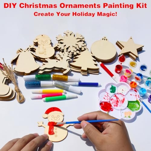 Christmas Ornaments Craft Kit, 48 Pcs Blank Wood Slices for Painting with Paint Pens and Brushes, DIY Wooden Christmas Ornament Set for Tree Decorations, Family Holiday Activities and Gifts