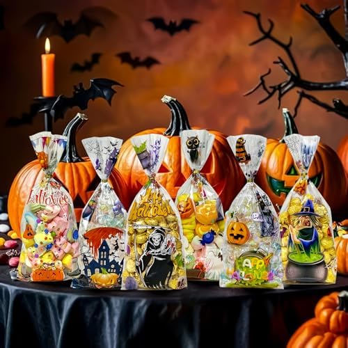 QOIUSO Halloween Cellophane Treat Bags: 54Pcs Clear Halloween Trick or Treat Goodie Bags with 60Pcs Twist for Candy Cookies Gifts Packaing, Kids Party Favor Bags (10.8 * 5.1in)
