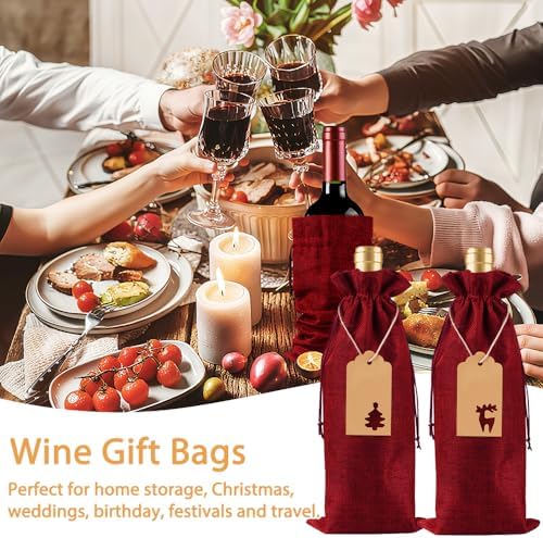 JOICEE 12 Pcs Wine Red Burlap Wine Bags Wine Bottle Gift Bags