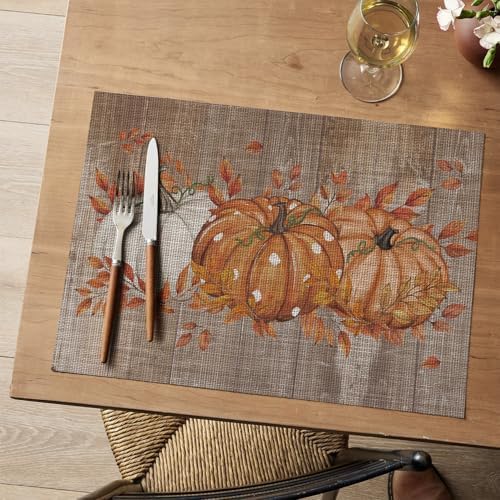 Artoid Mode Wood Pumpkin Leaves Fall Vinyl Placemats Set of 6, Wipeable Woven PVC Table Mats for Thanksgiving Farmhouse Party Kitchen Dining Decor