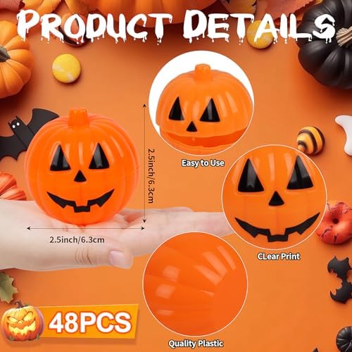 FOIMAS Halloween Pumpkin Candy Box, 48pcs Mini Plastic Pumpkin Containers Fillable Candy Treat Storage Box for Trick or Treat Halloween Party Decoration Storing Packaging Snacks Crafts Accessories