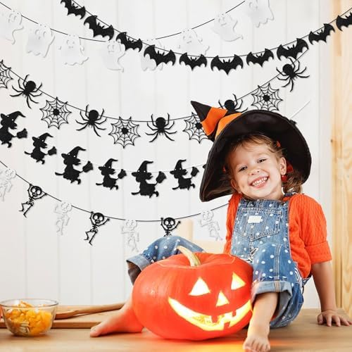 CCINEE Halloween Bat Banner Spider Ghost Skeleton Witch Garland, 5 PCS White Black Glitter Banner Garland for Halloween Party Haunted House Classroom Firepalce Indoor Outdoor Decorations